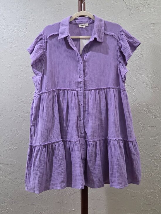 Purple Gauze Collared Tiered Dress With Frayed Seam - Picture 5 of 7